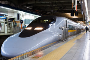 Bullet train at Fukuoka railway station, Japan, East Asia.